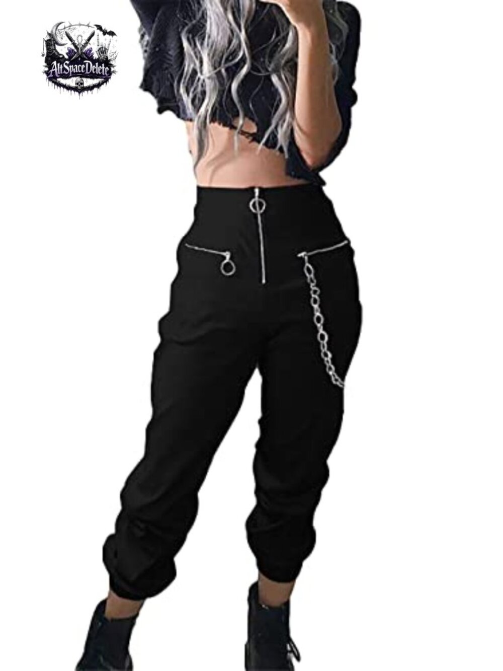 Gothic Punk Y2K High Waist Trousers with Chain Zip Closure Grunge Pants